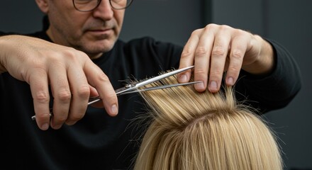 Fototapeta premium Man cutting womans blonde hair.