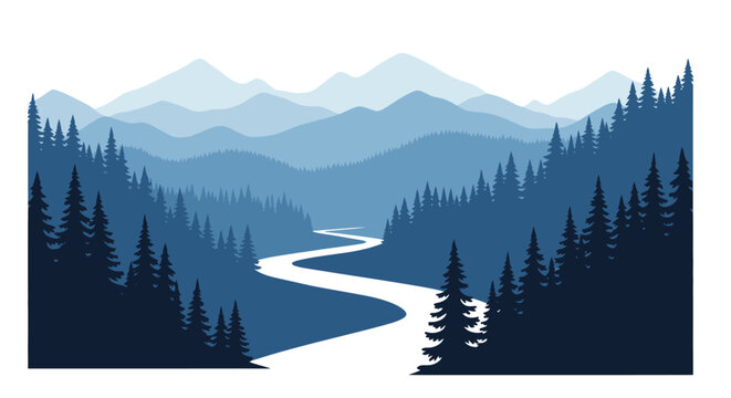 A winding river path leads through a serene mountain landscape