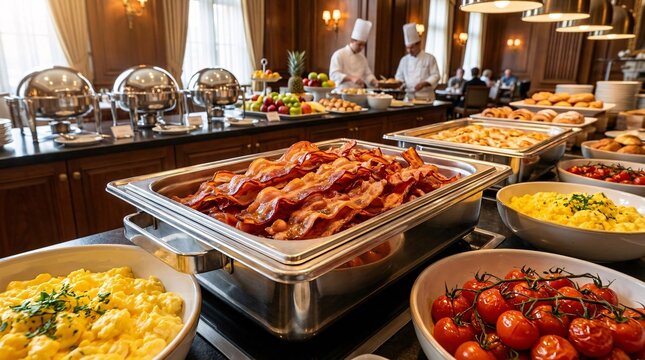 Extravagant hotel breakfast buffet featuring a shiny stainless steel tray filled with crispy golden bacon and hot fresh scrambled eggs.