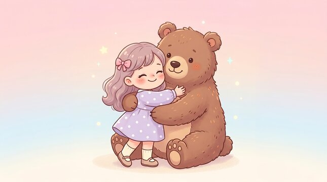 Colorful Cartoon Scene of Child and Teddy Bear Outdoors