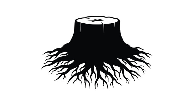 A stark black silhouette of a tree stump with exposed roots