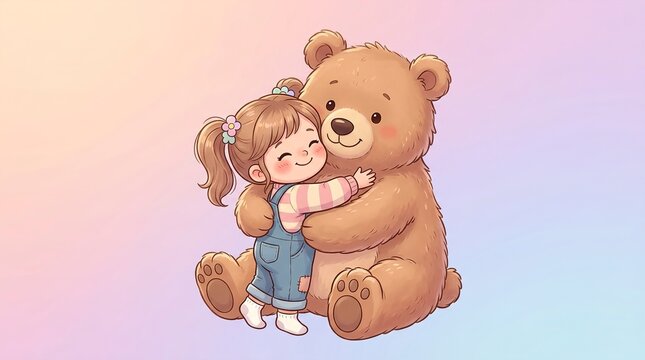 Colorful Cartoon Scene of Child and Teddy Bear Outdoors
