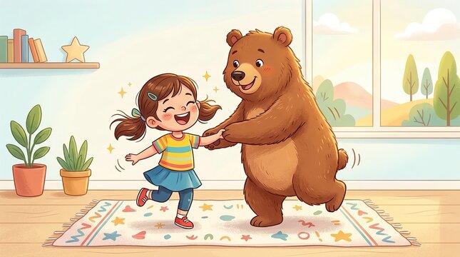 Happy Kids Illustration with Adorable Bear Character