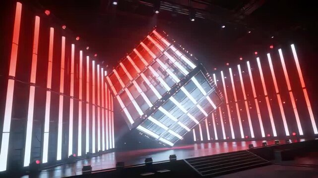Rotating hanging LED cube tilting down above stage, light cue driving side LED strips and uplights