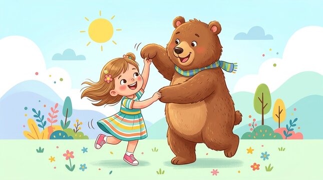 Happy Kids Illustration with Adorable Bear Character