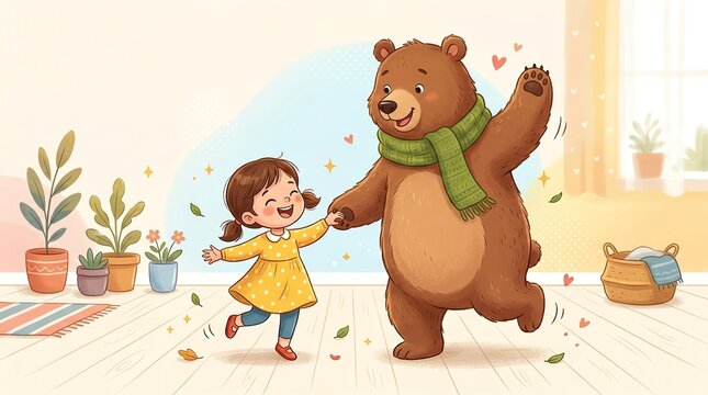 Happy Kids Illustration with Adorable Bear Character