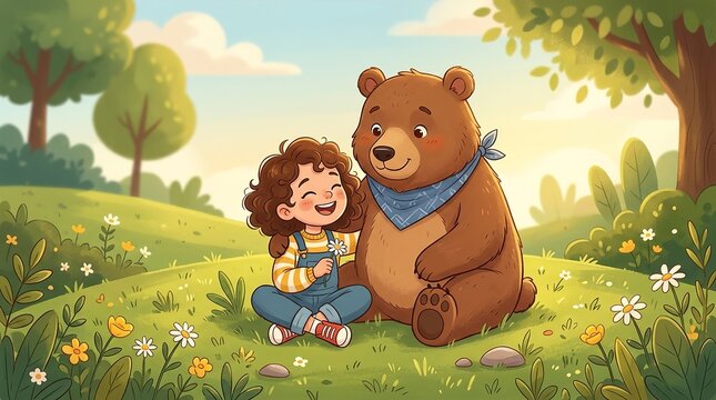 Happy Kids Illustration with Adorable Bear Character