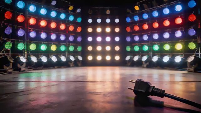 Running sequence for demo, LEDs cycling color across studio floor, plug resting right, copy space