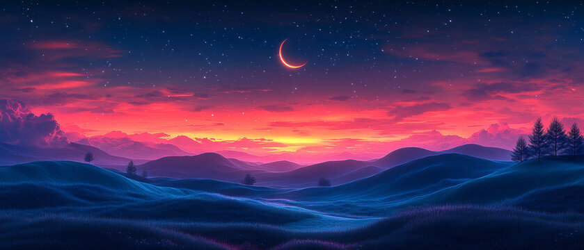 Crescent Moon and Mountains Under the Stars