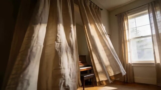 Billowing beige linen curtains parting from gust by sash window, revealing upright piano at home