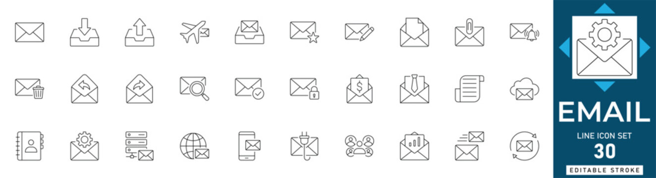 Email line icon set featuring communication, message, newsletter, inbox, send, mailbox, and marketing. Professional editable vector illustration.
