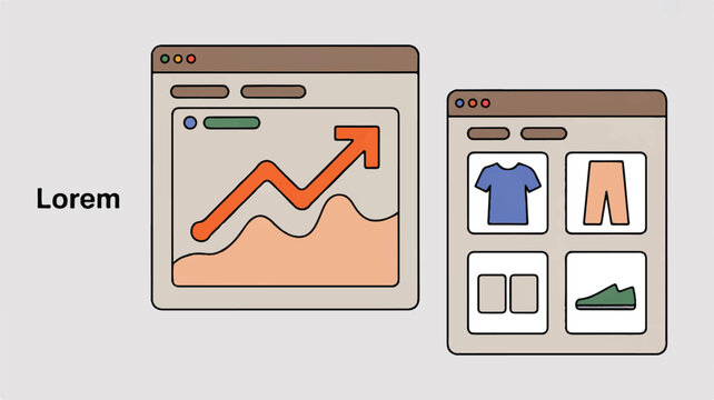 Graphic representation of web browser windows with icons and graphs