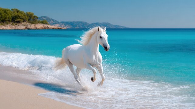 White horse galloping through tropical turquoise ocean water on a clear sandy beach, expressing freedom and power