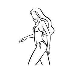 Logotipo vacaciones de verano. Dibujo minimalista con líneas de una mujer con bikini andando  © teracreonte
