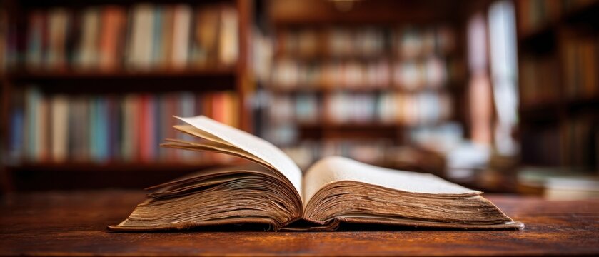 The open book resting on a wooden table in a warm vintage library