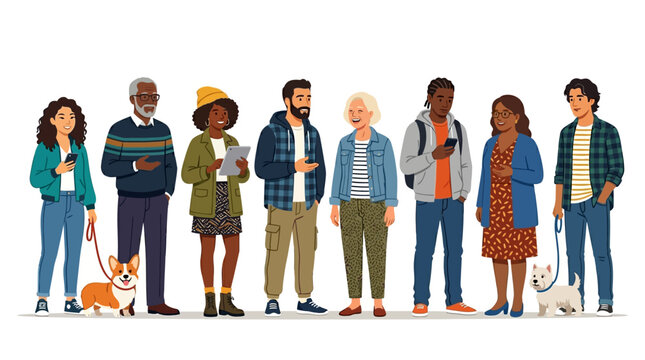 Diverse group of adults standing together with a small dog, showcasing inclusivity, casual fashion, and everyday life in a public setting