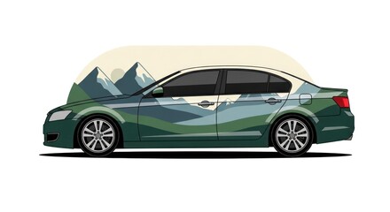 Obraz premium Sedan car with mountain landscape vinyl wrap illustration
