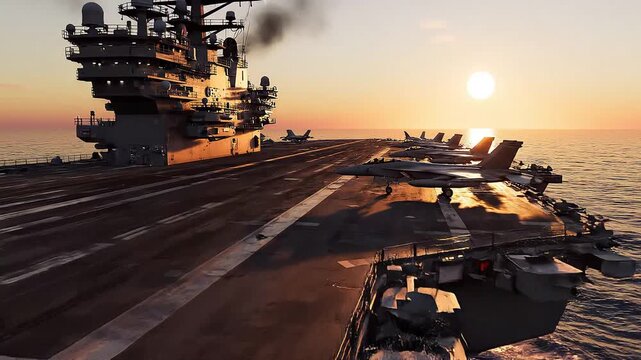 Massive Aircraft Carrier Sailing on a Calm Ocean During Golden Hour with Fighter Jets Lined Up on Deck