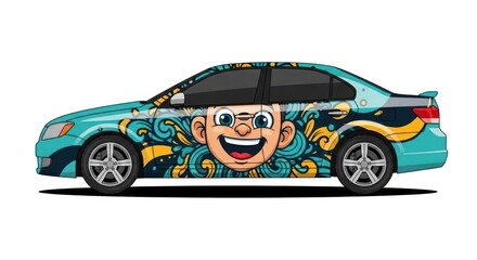 Fototapeta premium Sedan car with vibrant cartoon character vinyl wrap side view