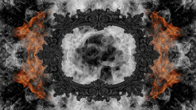 Ornate baroque frame with mystical smoke and fire flames on dark background for gothic design