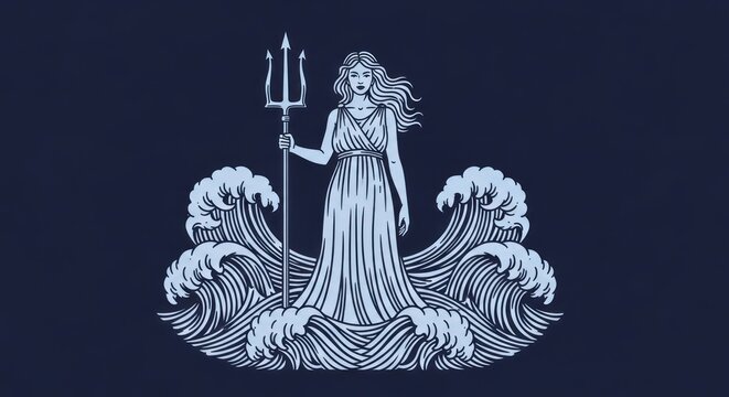 Sea goddess with trident among ocean waves blue illustration