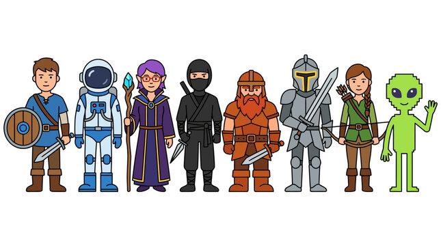 Lineup of diverse fantasy heroes in cartoon chibi style featuring knights, wizards, ninjas, adventurers, aliens and astronauts