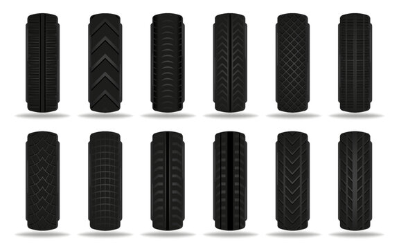 Tire tread pattern collection. Set of car wheel textures with different road grip designs