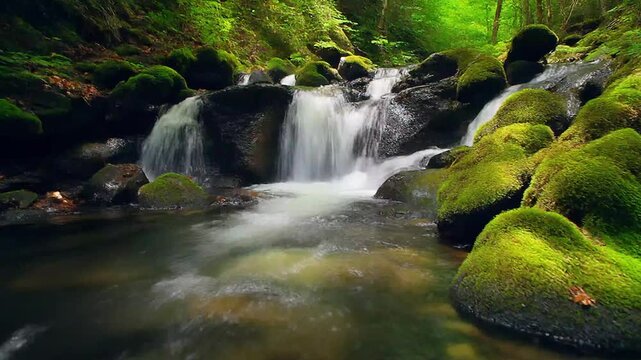 A tranquil forest stream cascades over moss-covered rocks, surrounded by lush green foliage and dappled sunlight, creating a serene natural landscape