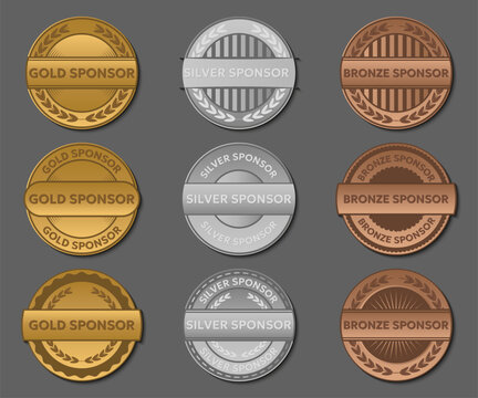 Sponsor medal badge collection. Gold silver and bronze award labels with metallic style elements