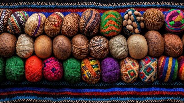 A vibrant display of colorful, patterned eggs arranged in rows, showcasing intricate designs and textures against a richly woven textile background.