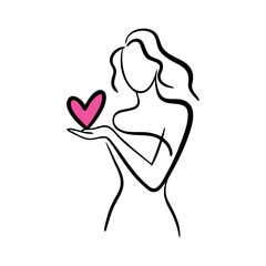 Logotipo con dibujo minimalista con una única línea de mujer de pie con corazón de color rosa en la mano, para tarjetas y felicitaciones de San Valentín © teracreonte