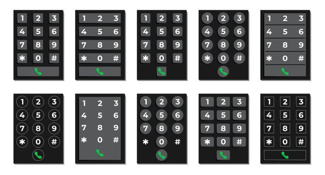 Dial keypad interface collection. Set of numeric panels with call buttons and different layouts