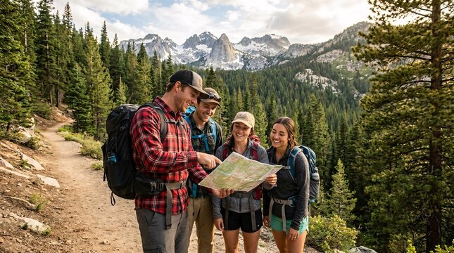 Group of four cheerful hikers standing on a dusty mountain trail while the lead guide wears a bright crimson plaid shirt and points at maps.