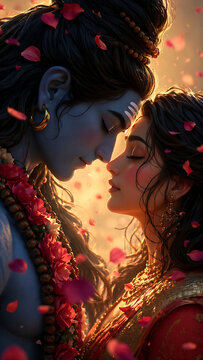Lord Shiva and Goddess Parvati in a divine embrace, surrounded by falling rose petals, depicting eternal love and spiritual union.