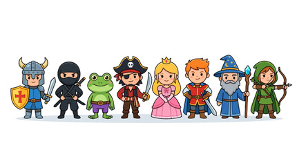 Fototapeta premium Colorful chibi fantasy heroes lineup featuring a knight, ninja, pirate, princess, wizard and friends — cute cartoon characters for kids, games, stories and imaginative play