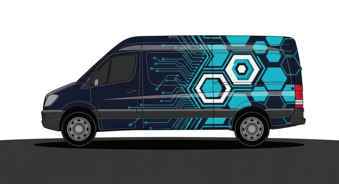 Side view of commercial van with tech circuit board wrap