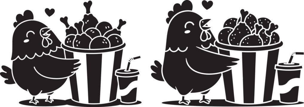 Cute cartoon chickens holding buckets of fried chicken and drinks with fast food junk food black and white comfort food savory food home cooking food industry chickens takeaway illustration