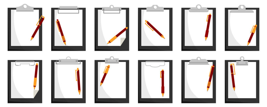 Clipboard checklist icon collection. Set of paper boards with pens in different positions and layouts