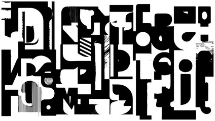 Fototapeta premium Dynamic abstract composition of bold black and white geometric shapes and illegible letterforms creating a complex modern and visually striking graphic design element