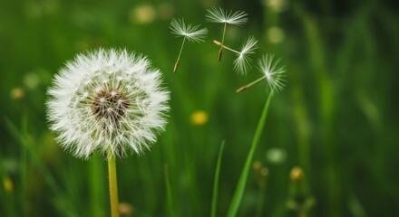 Fototapeta premium Dandelion flowers in green field.