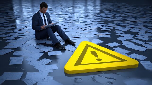 Business professional sits on a floor covered in paperwork next to a large yellow warning sign.