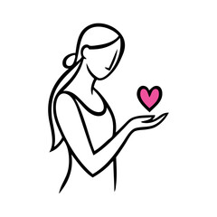 Logotipo con dibujo minimalista con líneas de mujer de pie con corazón de color rosa en la mano, para tarjetas y felicitaciones de San Valentín © teracreonte