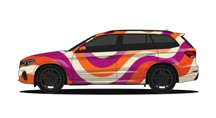 Fototapeta premium Side view of SUV with retro wavy vinyl wrap design