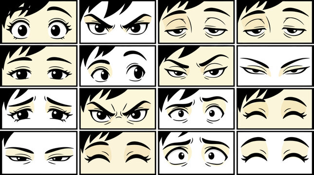 Collage of expressive cartoon eyes featuring varied emotions and eyebrow shapes in a bold illustration.