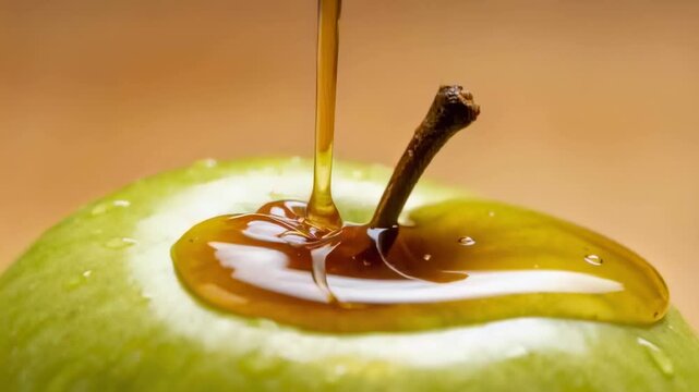 Pouring from above golden viscous syrup striking green apple crown at studio table droplets visible