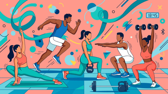 Vibrant group fitness class with diverse participants performing cardio, strength, and balance exercises in a colorful studio
