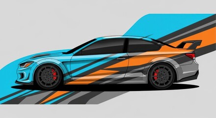 Naklejka premium Side view sports car with blue and orange racing livery