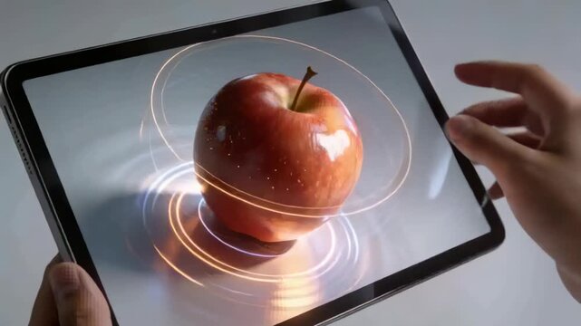 Right index finger swiping red apple on tablet on grey tabletop, left hand steadying, rings pulsing