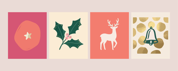 Christmas holly deer silhouette set, winter holiday animal vector, festive reindeer graphic elements, modern Christmas nature art, elegant holiday deer illustration, minimalist winter wildlife art, cr © Geetaroy