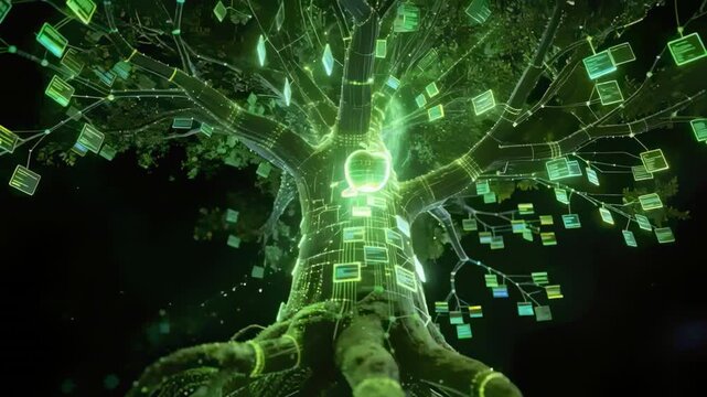 Sending pulse from roots, digital tree activating panels in void, forming glowing apple network